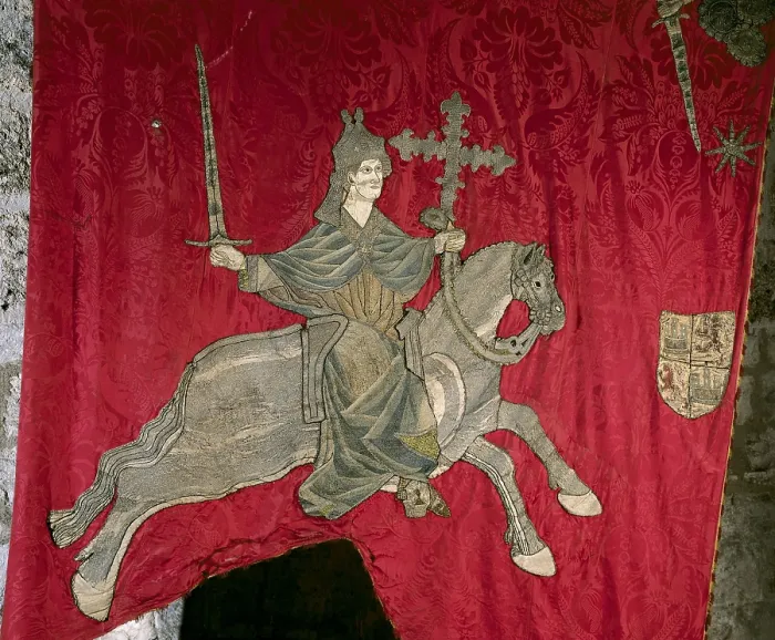 Framed Print : Pendon de Baeza o de San Isidoro. 1147. Kingdom of Leon. Commemorating saint isidore's intervention in the Baeza Battle (1146). National relic. Embroidery on canvas Framed Print : Pendon de Baeza o de San Isidoro. 1147. Kingdom of Leon. Commemorating saint isidore's intervention in the Baeza Battle (1146). National relic. Embroidery on canvas