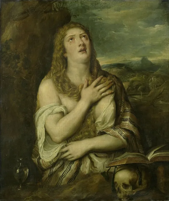 Framed Print : Penitent Mary Magdalene, by Titian, copy of original in El Escorial, c. 1550-80, Italian painting, Mary Magdalene, with tears in her eyes looking up