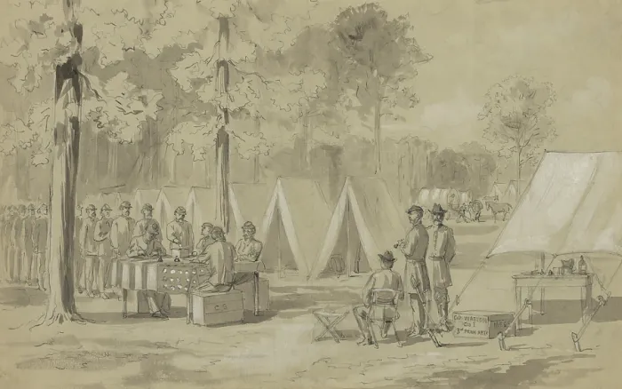 Framed Print : Pennsylvania soldiers of the Army of the James voting in camp, Oct. 1864. Northern state passed laws allowing soldiers to vote away from home