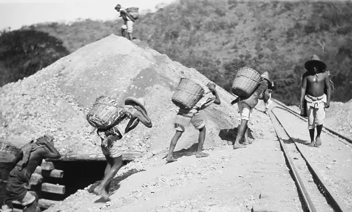 Framed Print : Peons haul baskets of earth up a steep railroad near Rascon, Mexico, c. 1890