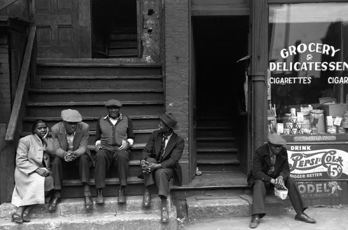 Framed Print : People sitting on front porches in Negro section of Chicago, Illinois. Lee Russell photograph, 1941