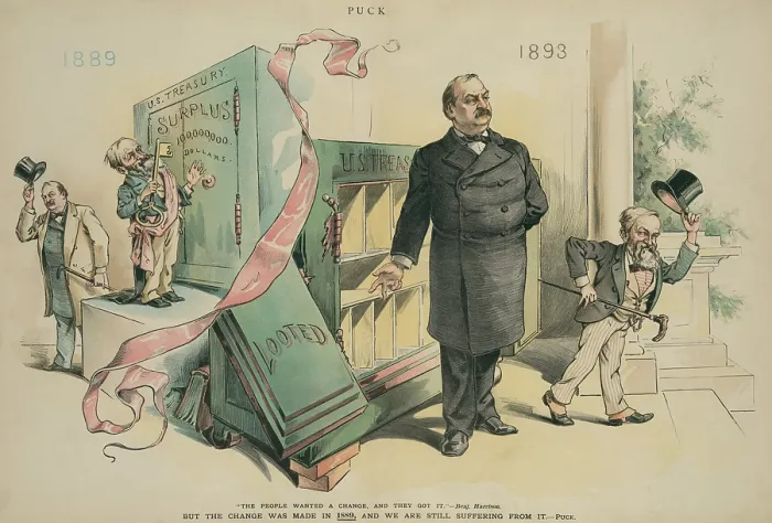 Framed Print : THE PEOPLE WANTED CHANGE AND THEY GOT IT, PUCK Magazine, Aug. 23, 1893, political cartoon. On the left, outgoing Pres