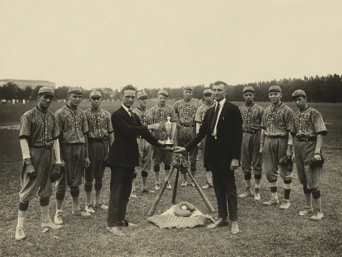 Framed Print : People's Drug Store baseball team standing pose with their trophy, 1921. The Washington, D.C Framed Print : People's Drug Store baseball team standing pose with their trophy, 1921. The Washington, D.C