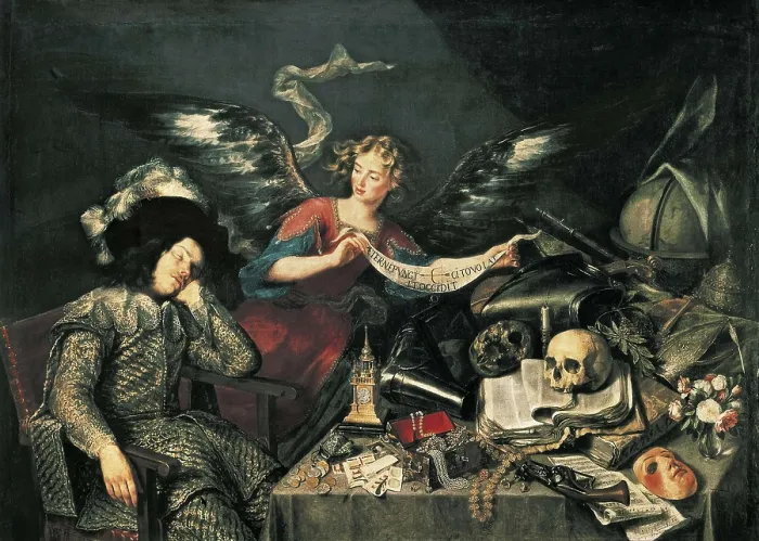 Framed Print : PEREDA, Antonio de (1608-1678). The Knight's Dream. c. 1670. Baroque art. Oil on canvas. SPAIN. Madrid. St. Fernando Royal Academy Museum