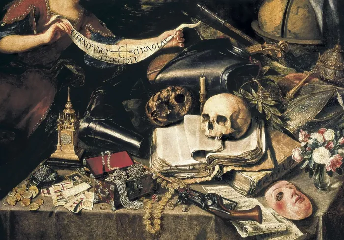 Framed Print : PEREDA, Antonio de (1608-1678). The Knight's Dream. c. 1670. Detail of the table, full of objects that symbolize the mundane nature of the existence. Baroque art Framed Print : PEREDA, Antonio de (1608-1678). The Knight's Dream. c. 1670. Detail of the table, full of objects that symbolize the mundane nature of the existence. Baroque art