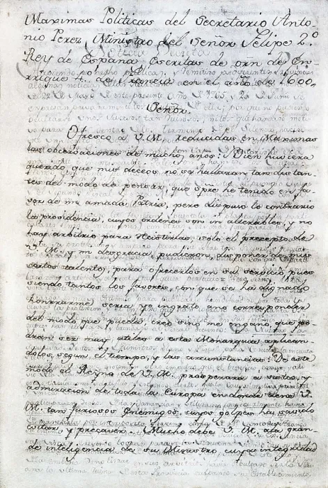 Framed Print : PEREZ, Antonio (1540-1611). Manuscript of his 'Mximas Polticas' (Political Maxims). ECUADOR. Quito. Aurelio Espinosa Polit Ecuadorian Library