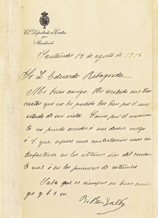 Framed Print : PEREZ GALDOS, Benito (1843-1920). Autographed letter by Galds to Eduardo Ribagorda. Dated in Santander on the 19th Ausgust 1913. SPAIN. Barcelona Framed Print : PEREZ GALDOS, Benito (1843-1920). Autographed letter by Galds to Eduardo Ribagorda. Dated in Santander on the 19th Ausgust 1913. SPAIN. Barcelona