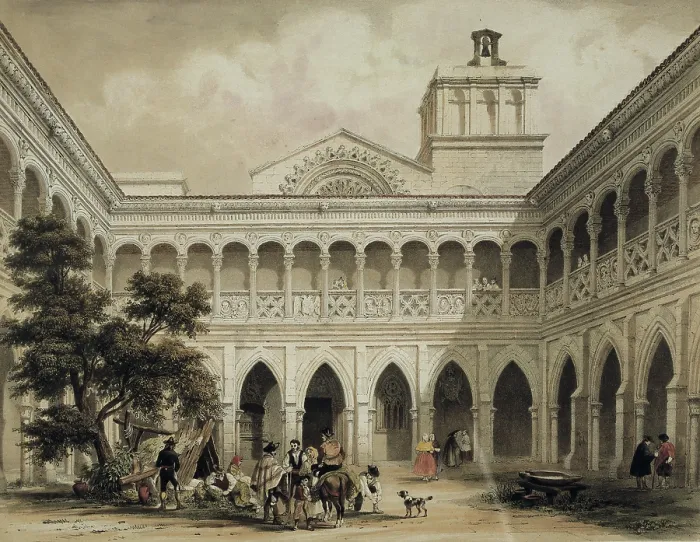 Framed Print : PEREZ VILLAAMIL, Jenaro (1807-1854). Espana artistica y monumental. 1842 - 1850. Cloister of the Monastery of Santa Maria de Huerta (Soria). Romanticism. Litography