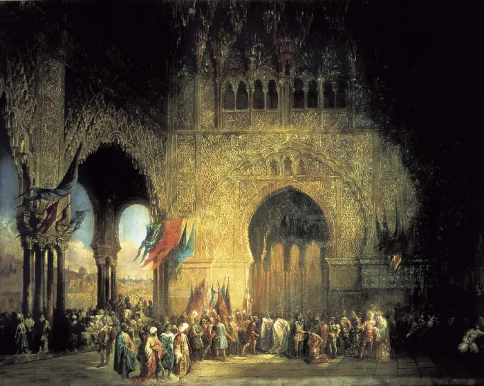 Framed Print : PEREZ VILLAAMIL, Jenaro (1807-1854). El juramento de Alvar Fanez Minaya. 1847. Romanticism. Orientalism. Oil on canvas. SPAIN. Sevilla. Royal Alcazars