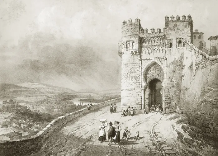 Framed Print : PEREZ VILLAAMIL, Jenaro (1807-1854). Espana artistica y monumental. 1842 - 1850. Puerta del Sol (city gate) in Toledo. Built in the late 14th century by the Knights Hospitaller