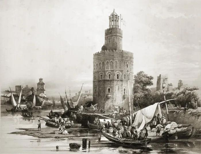 Framed Print : PEREZ VILLAAMIL, Jenaro (1807-1854). Espana artistica y monumental. 1842 - 1850. Torre del Oro in Seville. Built by the Almohad dynasty. Romanticism. Litography. SPAIN. Barcelona