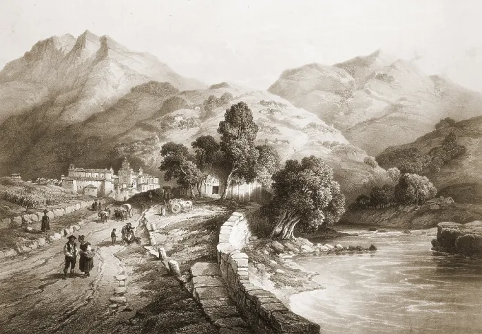 Framed Print : PEREZ VILLAAMIL, Jenaro (1807-1854). Espana artistica y monumental. 1842 - 1850. Chapel of San Esteban (St. Stephen) and view Tolosa in Guipuzcoa. Romanticism. Litography. SPAIN