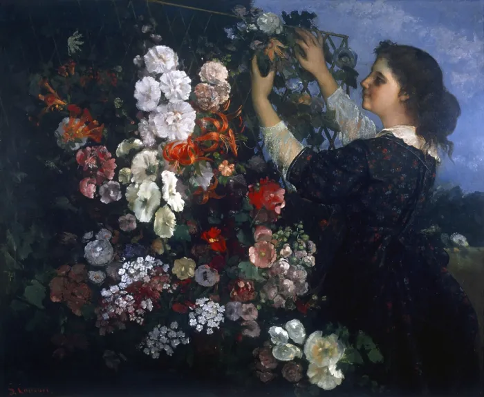 Framed Print : The pergola, by Gustave Courbet, 1862, 19th Century, oil on canvas, 109, 8 x 135, 2 cm - USA, Toledo, Toledo Museum of Art. Whole artwork view. A woman fixes flowers up a pergola