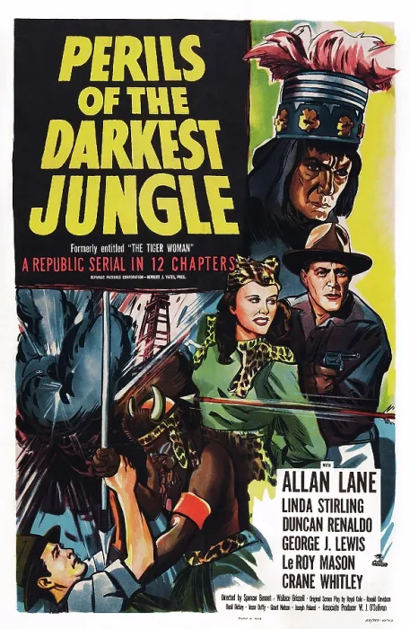Framed Print : PERILS OF THE DARKEST JUNGLE, (aka THE TIGER WOMAN), bottom l-r: Linda Stirling, Allan Lane, 1944 Framed Print : PERILS OF THE DARKEST JUNGLE, (aka THE TIGER WOMAN), bottom l-r: Linda Stirling, Allan Lane, 1944