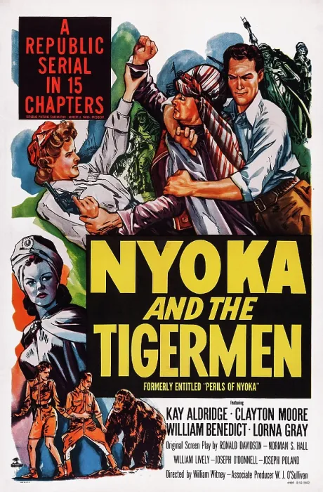 Framed Print : PERILS OF NYOKA, (aka NYOKA AND THE TIGERMEN), US re-issue poster), Kay Aldridge (top left), Clayton Moore (top right), Lorna Gray (center left), 1942