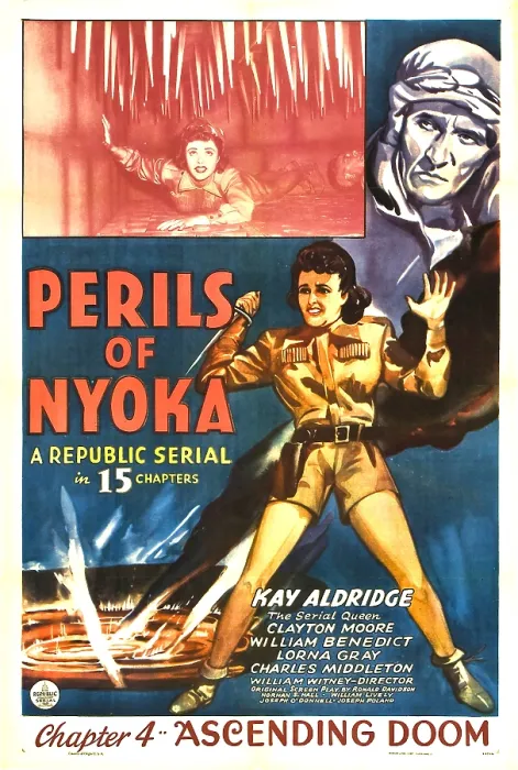 Framed Print : PERILS OF NYOKA, top from left: Kay Aldridge, Clayton Moore, bottom: Kay Aldridge in Chapter 4: Ascending Doom, 1942