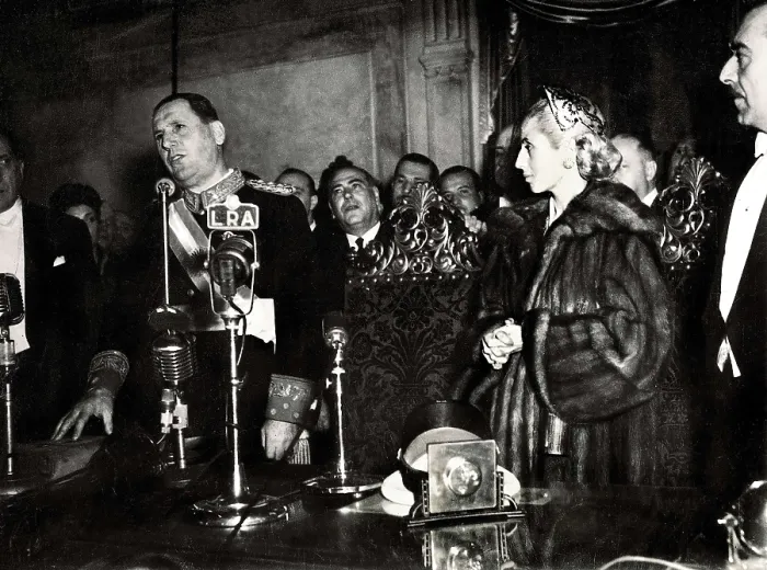 Framed Print : PERON, Juan Domingo (1895-1974); DUARTE DE PERON, Eva Mara, called 'Evita' (1919-1952). Portrait of Evita Pern listening a speech of her husband