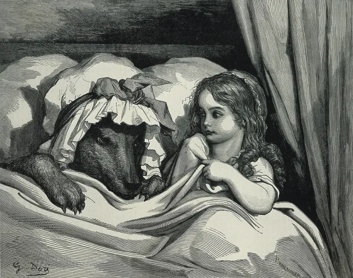 Framed Print : PERRAULT, Charles (1628-1703); Dore, Paul Gustave (1832-1883). Little Red Riding Hood. 1882. Little Red Riding Hood and the wolf dressed as her grandmother. Etching. FRANCE
