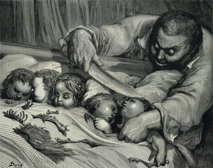 Framed Print : PERRAULT, Charles (1628-1703); Dore, Paul Gustave (1832-1883). Hop o My Thumb. 1882. The ogre about to kill his daughters. Engraving Framed Print : PERRAULT, Charles (1628-1703); Dore, Paul Gustave (1832-1883). Hop o My Thumb. 1882. The ogre about to kill his daughters. Engraving