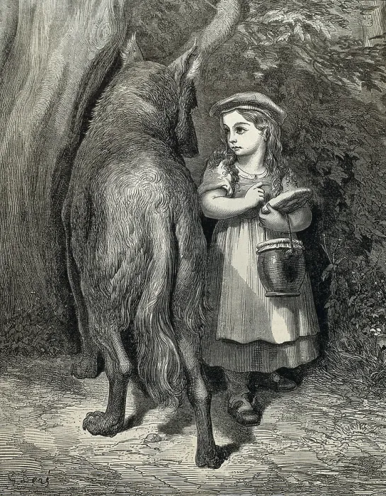 Framed Print : PERRAULT, Charles (1628-1703); Dore, Paul Gustave (1832-1883). Little Red Riding Hood. 1882. Little Red Riding Hood and the wolf in the forest. Etching. FRANCE. Paris