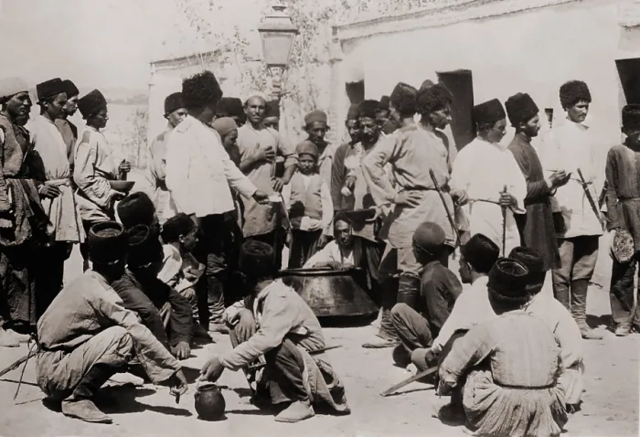 Framed Print : Persian Cossack Brigade, Russian styled elite Iranian military unit, shown at mealtime, ca. 1910