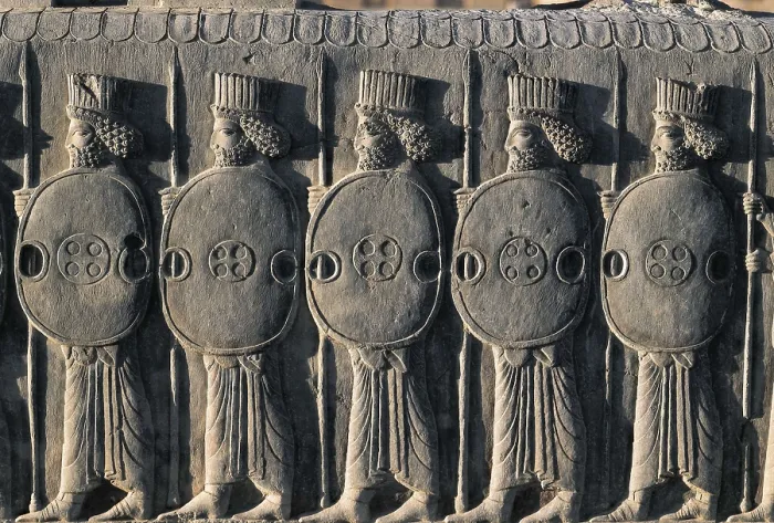 Framed Print : Persian soldiers with shields. 6th c. - 5th c. BC. IRAN. Persepolis. Palace of Darius. Relief of the northern stairs. Persian art. Achaemenid period. Relief on rock