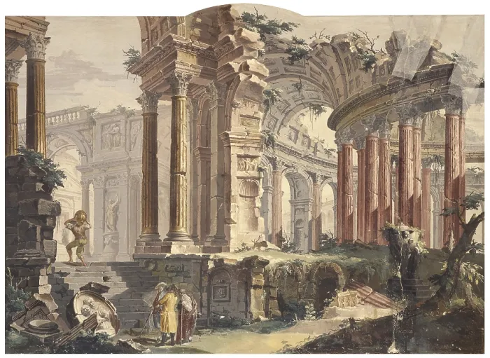 Framed Print : Perspective view with classical ruins, by Francis Chiarotti, 18th century, fresco. - Italy, Friuli Venezia Giulia, Cividale del Friuli, Brosadola Palace. Whole artwork view