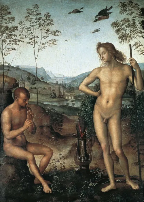 Framed Print : PERUGINO, Pietro Vannucci, called Il (1448-1523). Apollo and Marsyas. ca. 1500. Renaissance art. Oil on wood. FRANCE. Paris. Louvre Museum