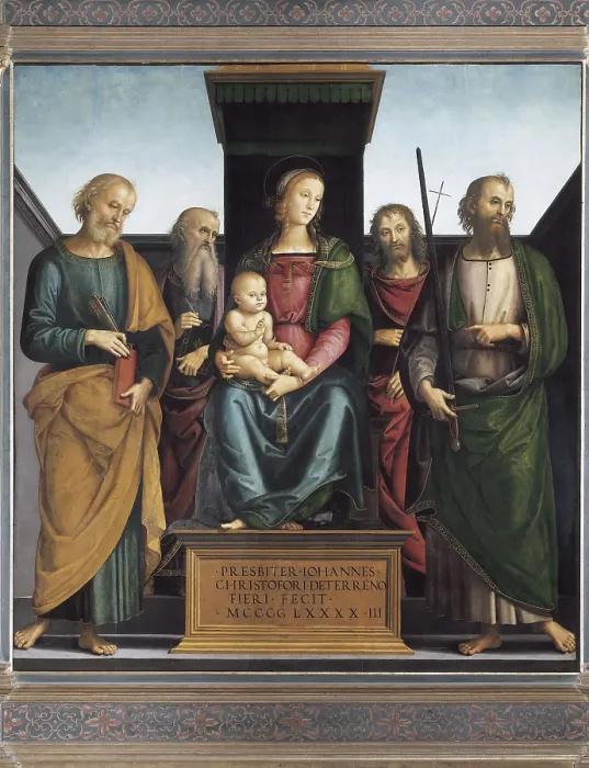 Framed Print : PERUGINO, Pietro Vannucci, called Il (1448-1523). Madonna and Child Enthroned with Saints. 1493. Identified as St. Peter, St. John Evangelist, St. John the Baptist and St. Paul