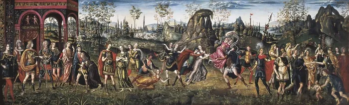 Framed Print : PERUZZI, Baldassare Tommaso (1481-1536). The Rape of the Sabines. ca. 1500. On the left side, Romulus awarded a raped woman. On the right side, peace between Romans and Sabines
