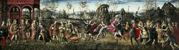 Framed Print : PERUZZI, Baldassare Tommaso (1481-1536). The Rape of the Sabines. ca. 1500. On the left side, Romulus awarded a raped woman. On the right side, peace between Romans and Sabines