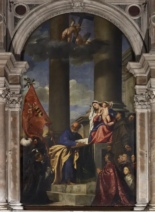 Framed Print : Pesaro Madonna (Pala Pesaro), by Tiziano Vecellio known as Titian, 1519 - 1526 about, 16th Century, oil on canvas, cm 478 x 266 - Italy, Veneto, Venice
