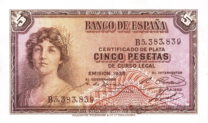 Framed Print : Five pesetas bill (Spain1935). AISA / Everett Collection (36297)**US SALES ONLY**