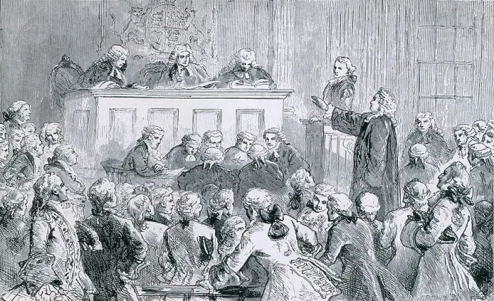 Framed Print : Peter Zenger, a colonial New York printer of the NEW YORK JOURNAL, in the dock (at right), was successfully defended by Andrew Hamilton, one of the best American lawyers