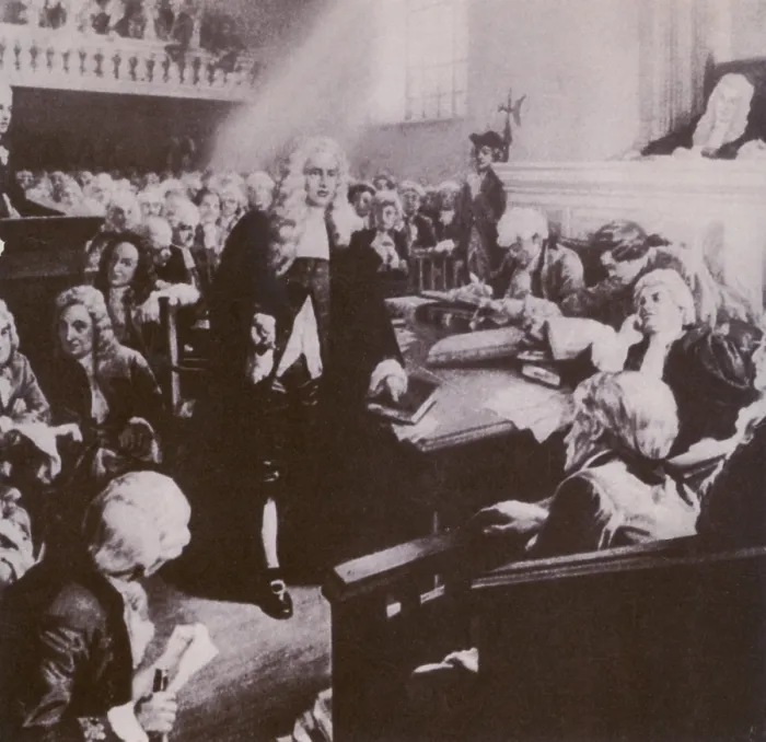 Framed Print : Peter Zenger's Philadelphia lawyer, Andrew Hamilton, defying court protocol