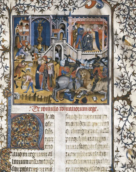 Framed Print : PETRARCH (1304-1374). 'De Viris Illustribus'. Fol. 4rv. Miniature depicting the foundation of Rome, a duel on horseback and the crowning of a king (14th c.)
