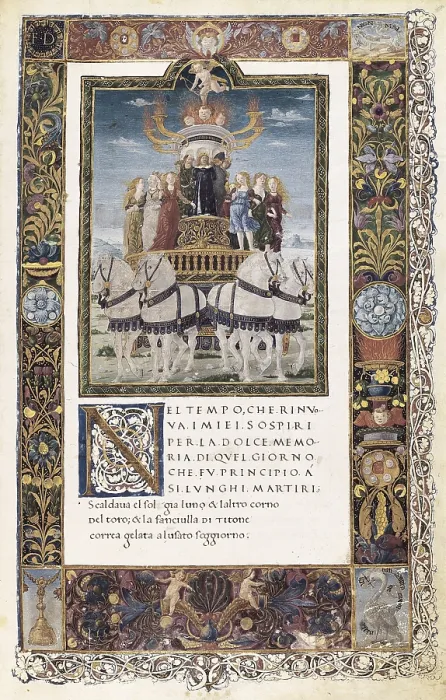Framed Print : PETRARCH (1304-1374). Italian humanist and poet. 'Sonnets, Songs and Triumphs'. Miniature with the Triumph of Love (15th c.). Renaissance art. Quattrocento