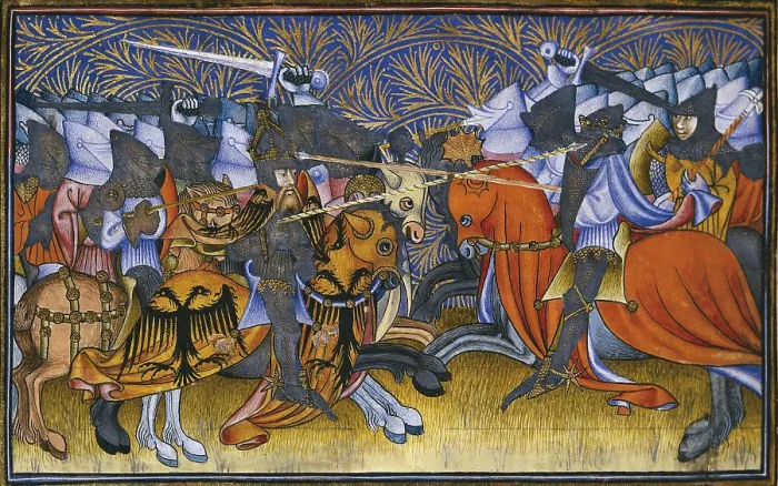 Framed Print : PETRARCH (1304-1374). Italian humanist and poet. 'De Viris Illustribus'. Fol. 23rv. Miniature painting with armies fighting (14th c.). Gothic art. ; Renaissance art