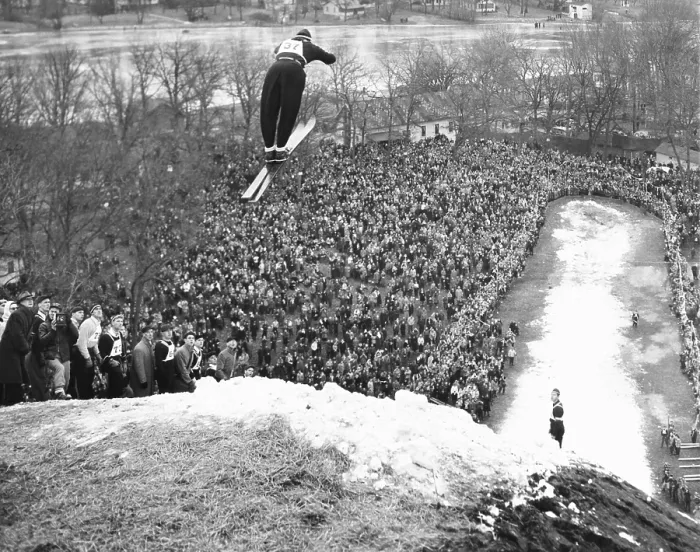 Framed Print : Petter Hugsted, 1948 Olympic ski jumping champion, takes off at Fox River Grove. Illinois, Jan. 16, 1949