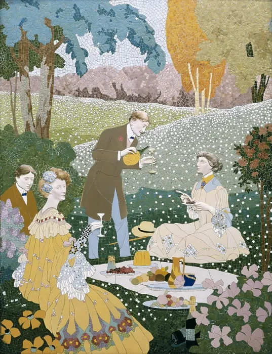Framed Print : PEY I FARRIOL, Josep (1875-1956). Picnic in countryside. Decorative panel. c. 1905 - 1906. Mosaic, ceramics and tiles fragments from Valencia