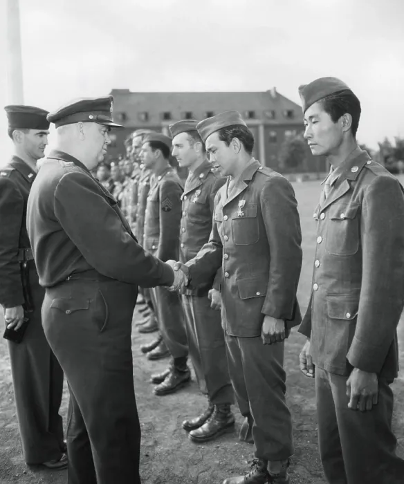 Framed Print : Pfc. William Wada, a Japanese American soldier is awarded the Bronze Star Medal for heroism. He stands beside another Japanese American to be honored by Gen. Ralph M. Immel