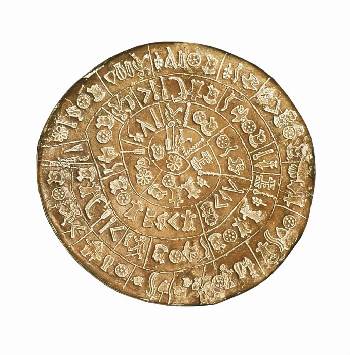 Framed Print : Phaistos Disc. s.XV BC. GREECE. Phaistos. A side. Minoan art  /  Cretan art. GREECE. Iraklion. Archaeological Museum. - Iberfoto / Everett Collection (589206)**US SALES ONLY**