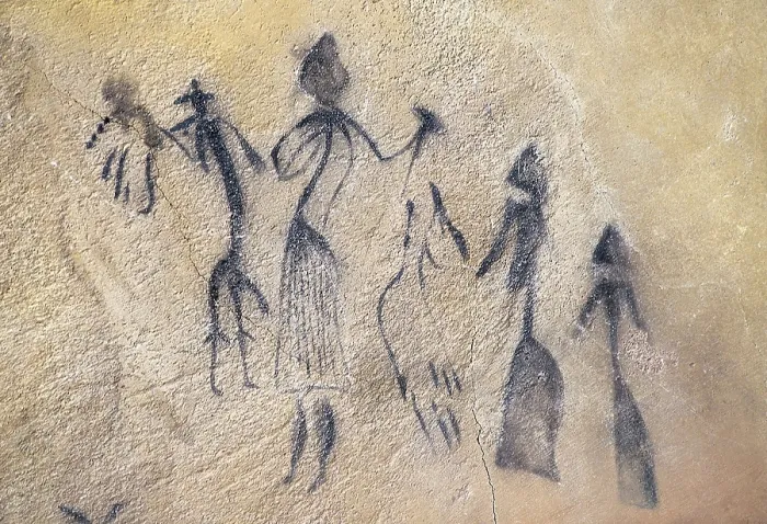 Framed Print : Phalic dance of type stylized-naturalistic. Mesolithic art. Cave. SPAIN. Barcelona. Archaeology Museum of Catalonia. Proc: SPAIN. El Cogul. Cova dels Moros