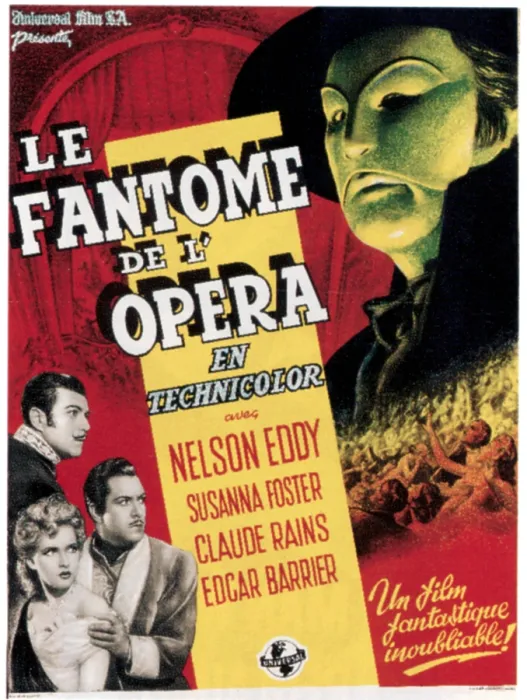 Framed Print : PHANTOM OF THE OPERA, (aka LE FANTOME DE L'OPERA), left from bottom: Susanna Foster, Nelson Eddy, top right: Claude Rains on Belgian poster art, 1943