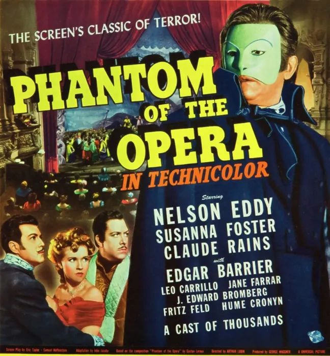 Framed Print : PHANTOM OF THE OPERA, l-r: Nelson Eddy, Susanna Foster, Claude Rains on window card, 1943 Framed Print : PHANTOM OF THE OPERA, l-r: Nelson Eddy, Susanna Foster, Claude Rains on window card, 1943