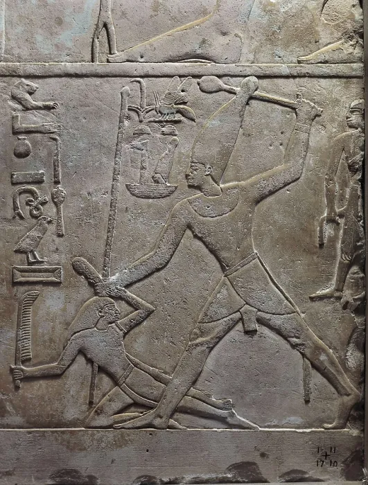 Framed Print : The Pharaoh Mentuhotep sacrifying a prisoner. 2061 - 2010 BC. Detail. Egyptian art. Middle Kingdom. Relief on rock. EGYPT. Cairo. Egyptian Museum