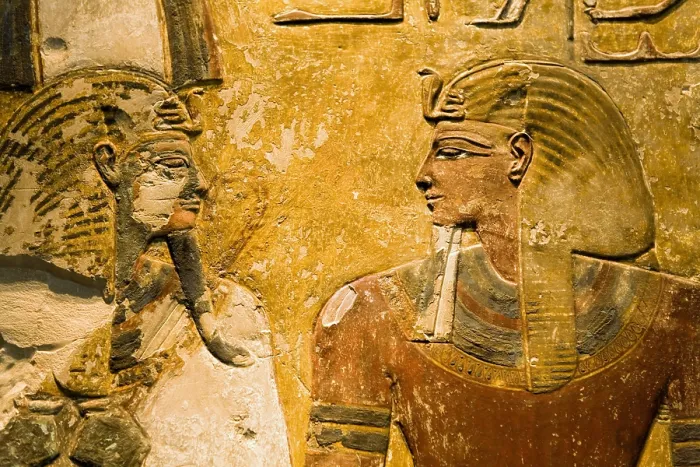 Framed Print : Pharaoh Seti I and god Osiris. Piece of a column. 1290 BC. Egyptian art. New Kingdom. Painting; Relief. GERMANY. Berlin. Altes Museum