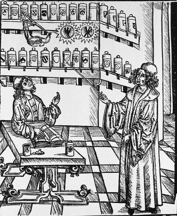 Framed Print : A pharmaceutical lesson showing the master, pointing to shelves of apothecary jars, instructing the apprentice at a table with an open book. Woodcut from MEDICINARIUS Framed Print : A pharmaceutical lesson showing the master, pointing to shelves of apothecary jars, instructing the apprentice at a table with an open book. Woodcut from MEDICINARIUS