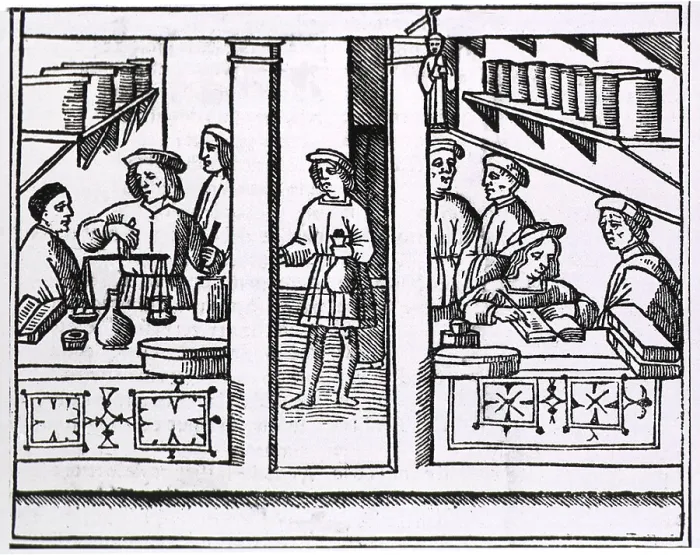 Framed Print : Pharmacy scene from the title page of a Latin version of Galen's RECETARIO DE GALIENO, published in Venice in 1518