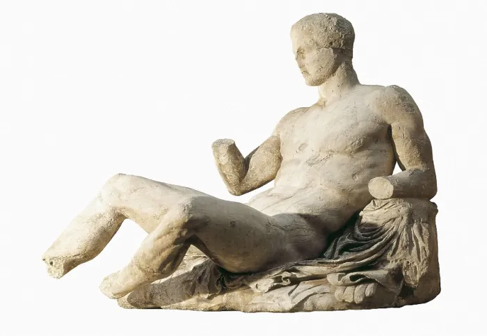 Framed Print : PHIDIAS (490 -431 BC). Figure of Dionysos from the east pediment of the Parthenon. 438 - 432 BC. Classical Greek art. Sculpture on marble. UNITED KINGDOM. London